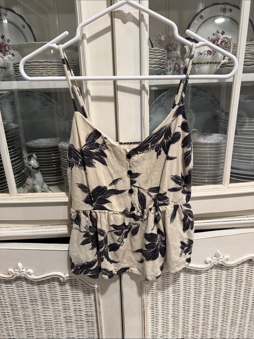 Monteau Cream Tank Top with Black Floral Print